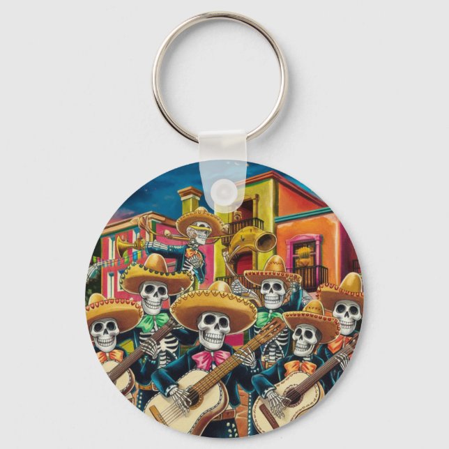 Vibrant Skeleton Mariachi Band Día de Los muertos Key Ring (Front)