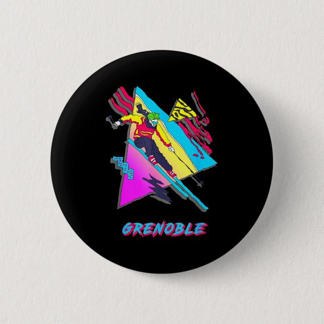 Vibrant skiing design featuring grenoble text ski 6 cm round badge (Front)