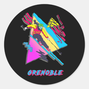 Vibrant Skiing Design Featuring Grenoble Text Ski Classic Round Sticker