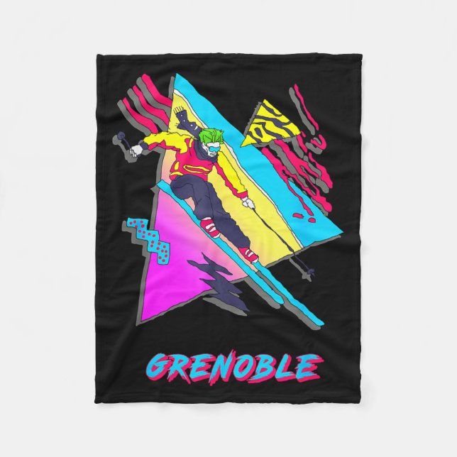 Vibrant skiing design featuring grenoble text ski fleece blanket (Front)