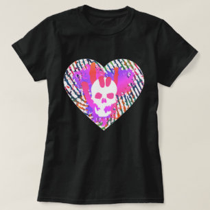 Vibrant Skull Heart Rock Love You Graphic Black  T-Shirt