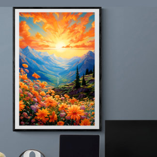Vibrant sky mountain valley wildflower | Ai Poster