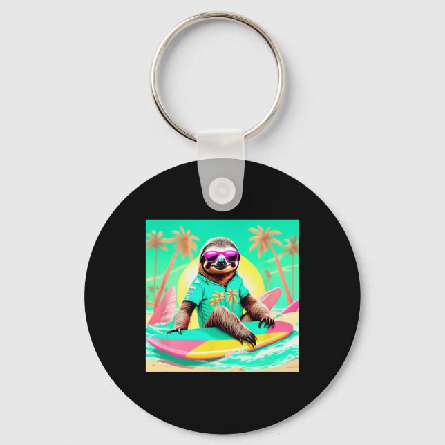 Vibrant Sloth Surfing Graphic Fun Beach Scene Desi Key Ring (Front)