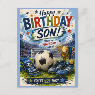 vibrant soccer-themed blue Son birthday card 