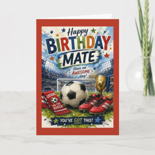 vibrant soccer-themed Red Mate birthday card
