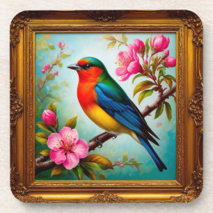 Vibrant Songbird on Flowering Branch Coaster