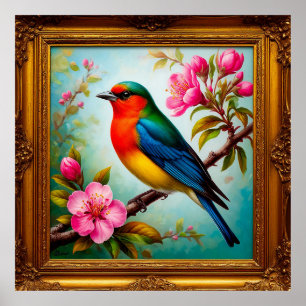 Vibrant Songbird on Flowering Branch Poster