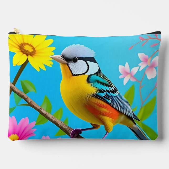 Vibrant Songbird Perched on a Flowering Branch Accessory Pouch (Front)