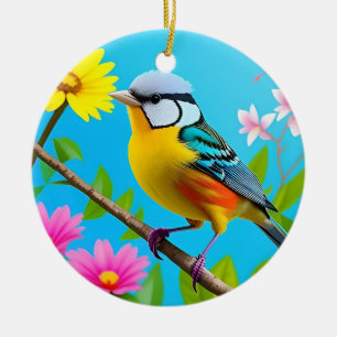 Vibrant Songbird Perched on a Flowering Branch Ceramic Tree Decoration