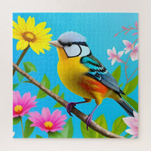 Vibrant Songbird Perched on a Flowering Branch Jigsaw Puzzle