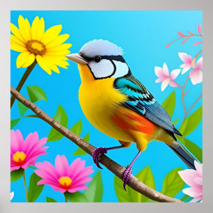 Vibrant Songbird Perched on a Flowering Branch Poster