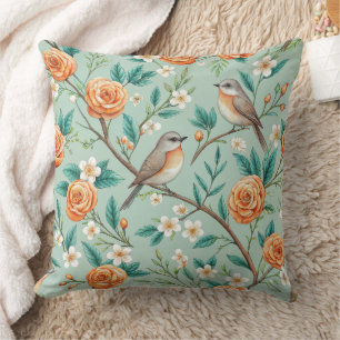 Vibrant Songbirds Orange Flowers Green Leaves Cushion