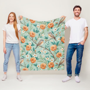 Vibrant Songbirds Orange Flowers Green Leaves Fleece Blanket