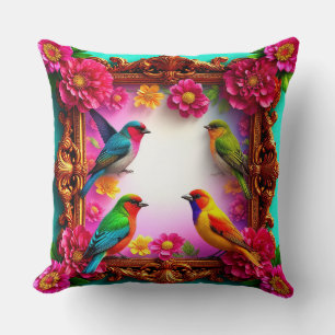 Vibrant Songbirds Surrounded by Floral Frame Cushion