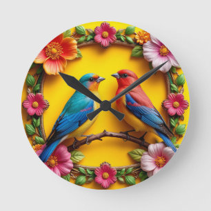 Vibrant Songbirds Surrounded by Floral Frame Round Clock