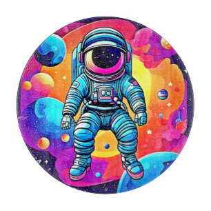 Vibrant Space Cartoon Art: Astronaut Dreams Cutting Board