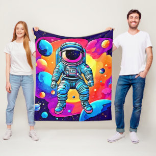 Vibrant Space Cartoon Art: Astronaut Dreams Fleece Blanket