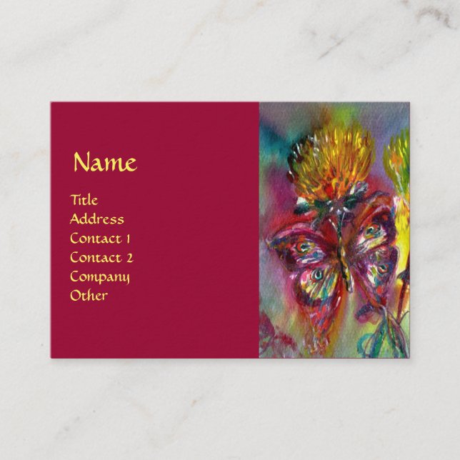 VIBRANT SPARKLING BUTTERFLIES IN BLUE,red Business Card (Front)