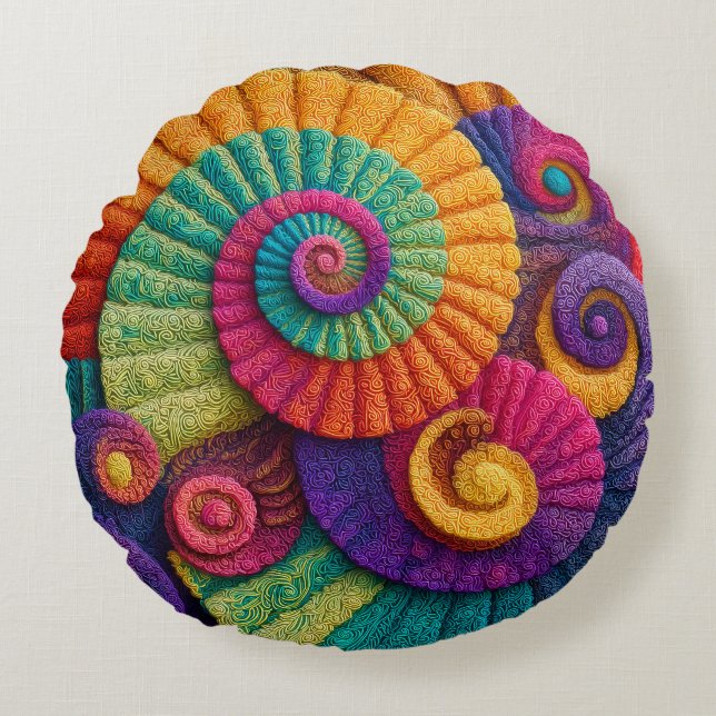Vibrant Spiral Abstract Patterns Round Cushion (Front)