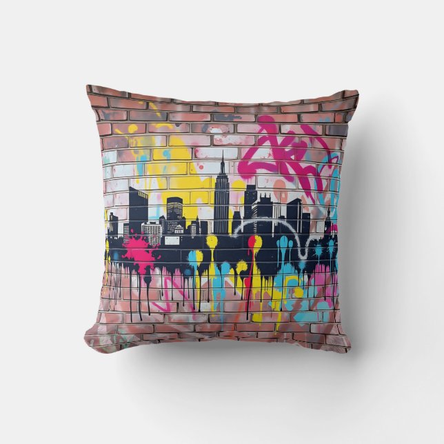 Vibrant Spray-Painted City Skyline" Cushion (Front)