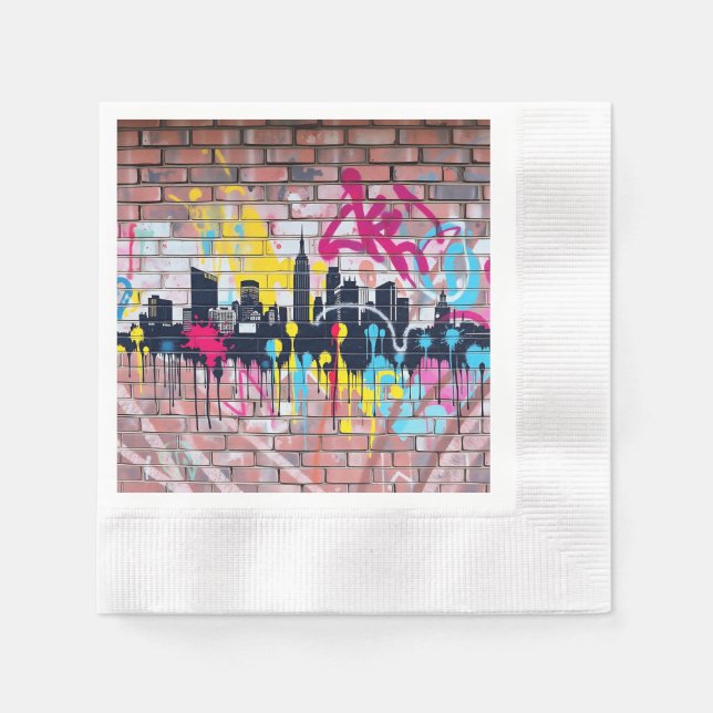 Vibrant Spray-Painted City Skyline Napkin (Front)