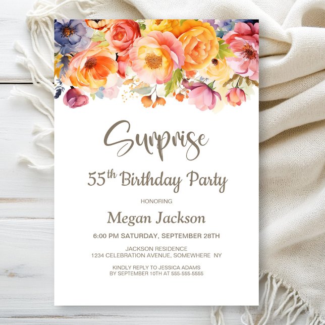 Vibrant Spring Floral Surprise 55th Birthday Party Invitation (Creator Uploaded)