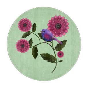 Vibrant Spring Floral with Cute Purple Bird Art Cutting Board