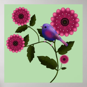 Vibrant Spring Floral with Cute Purple Bird Art Poster