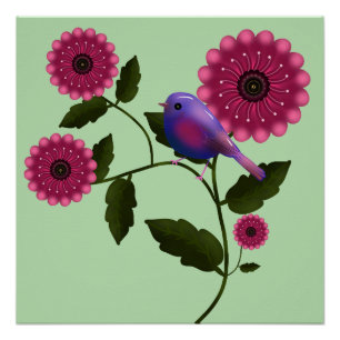 Vibrant Spring Floral with Cute Purple Bird Art Poster