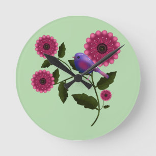 Vibrant Spring Floral with Cute Purple Bird Art Round Clock