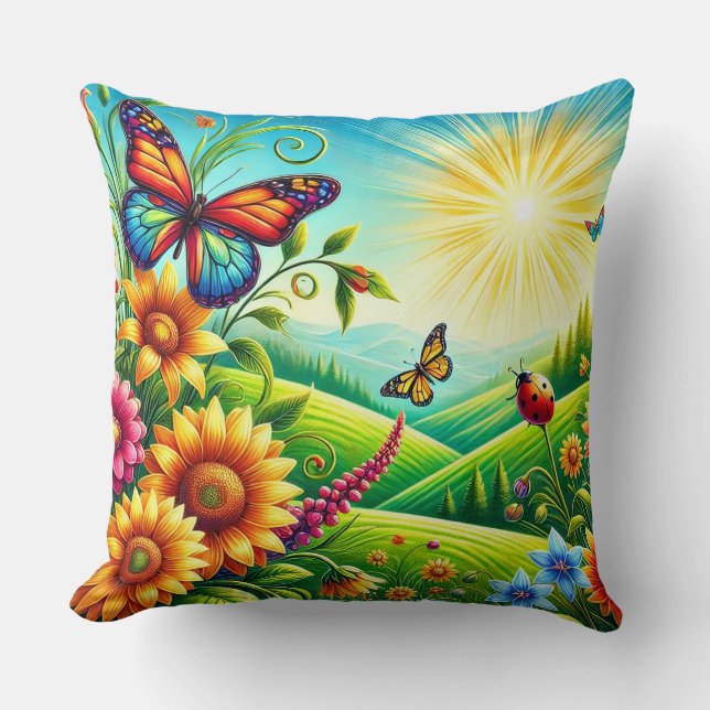 Vibrant Spring Landscape With Flowers Cushion (Front)
