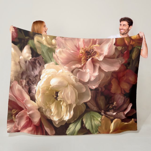 Vibrant Spring Peony Vintage Arrangement Fleece Blanket (In Situ)