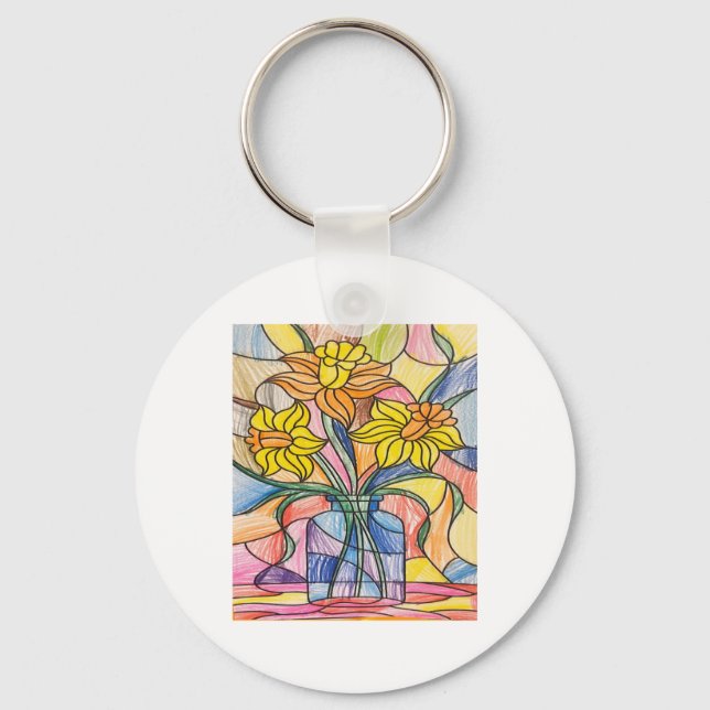 Vibrant Stained Gl Daffodils Sticker  Key Ring (Front)
