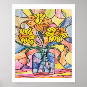 Vibrant Stained Gl Daffodils Sticker Poster