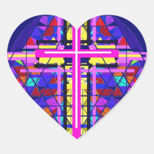 Vibrant Stained Glass Christian Cross. Heart Sticker