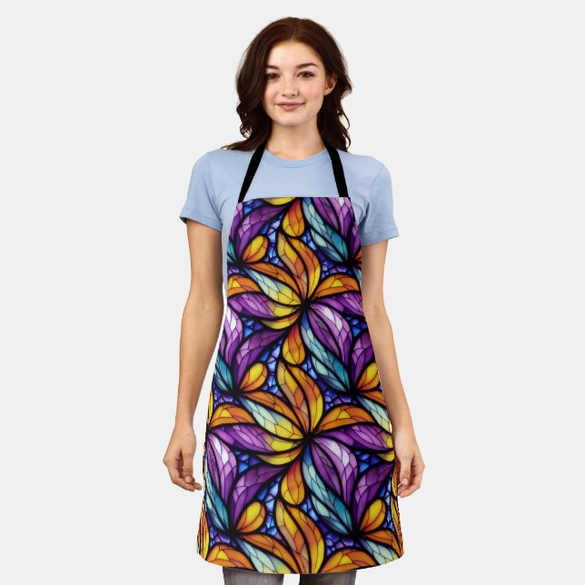 Vibrant Stained Glass Floral: Colourful Design Apron (Worn)