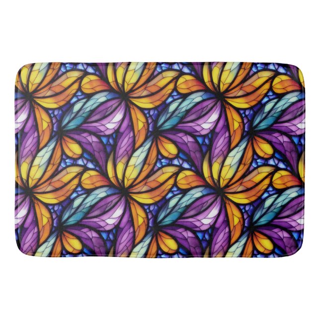 Vibrant Stained Glass Floral: Colourful Design Bath Mat (Front)