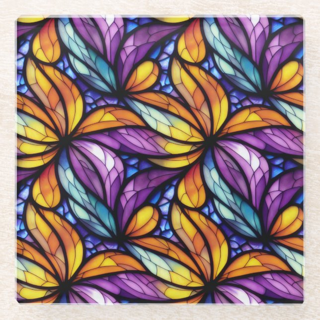 Vibrant Stained Glass Floral: Colourful Design Coaster (Front)