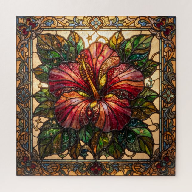 Vibrant Stained Glass Hibiscus Puzzle (Vertical)