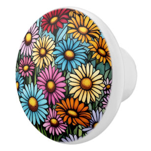 Vibrant Stained Glass Look Bohemian Garden Daisies Ceramic Knob