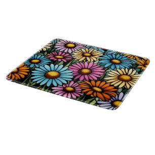 Vibrant Stained Glass Look Bohemian Garden Daisies Cutting Board