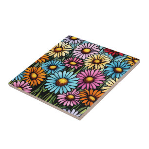 Vibrant Stained Glass Look Bohemian Garden Daisies Tile