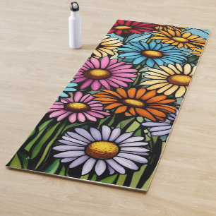 Vibrant Stained Glass Look Bohemian Garden Daisies Yoga Mat