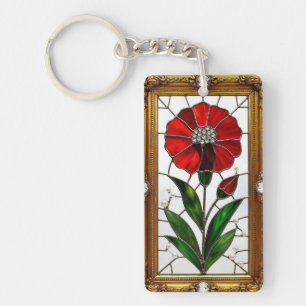 Vibrant Stained Glass Panel of a Red Flower Key Ring