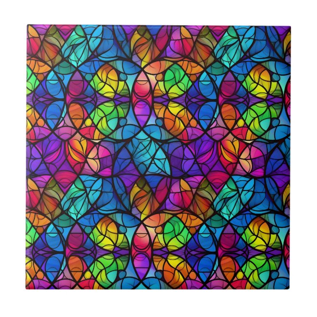Vibrant Stained Glass Rainbow Pattern Tile (Front)