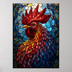 Vibrant Stained Glass Rooster Art Poster