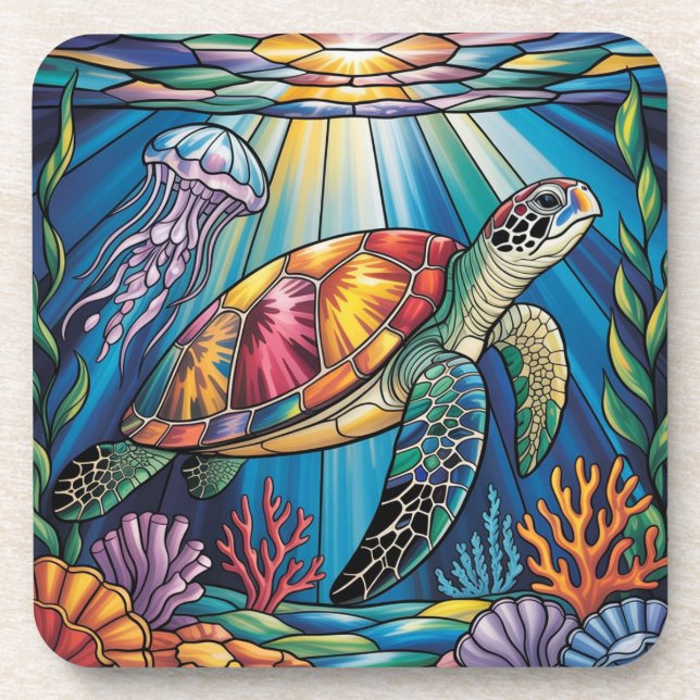 Vibrant Stained Glass Sea Turtle Ocean Design Coaster (Front)