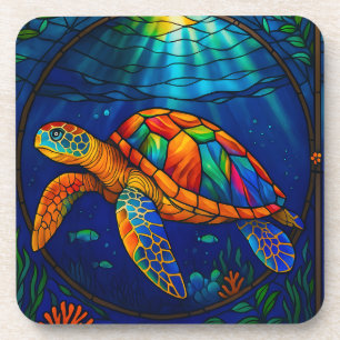 Vibrant Stained Glass Sea Turtle Ocean Design Coaster