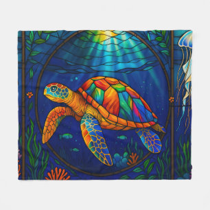 Vibrant Stained Glass Sea Turtle Ocean Design Fleece Blanket