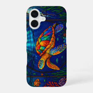 Vibrant Stained Glass Sea Turtle Ocean Design iPhone 16 Case